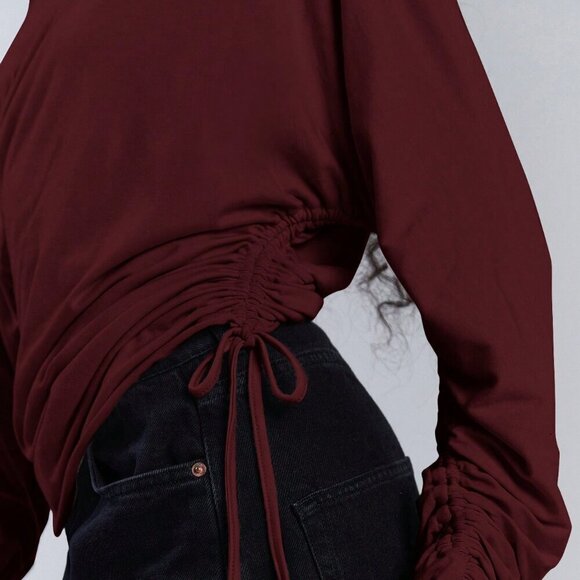 burgundy Casual Women's Asymmetric Collar Drawstring Top - Picture 6 of 7